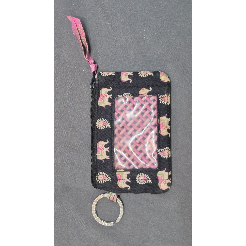 Vera Bradley Zip ID Case Elephant Paisley Black Pink Quilted Cotton Keychain